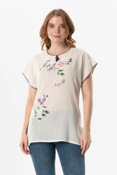 Kısa Kol Şile Bezi Cahide Yırtmaç Detaylı Yazlık Bluz Krem Krm L/XL Krem ürün görseli