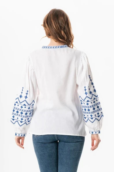Uzun Kol Şile Bezi İdil V Yaka Nakışlı Yazlık Bluz Beyaz Byz L Beyaz - Resim 2