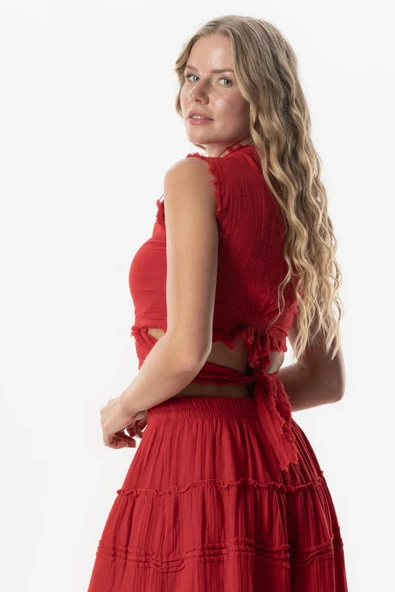 Kolsuz Deren Bel Bağlamalı Yazlık Müslin Bluz Kırmızı Krmz S Kırmızı - 4