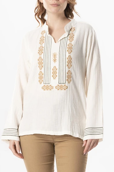 Uzun Kol İbiza Nakışlı Kadın Müslin Yazlık Tshirt Kırık Beyaz KrkByz L Kırık Beyaz - Resim 3