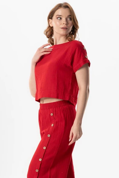 Kısa Kol İzel Yazlık Müslin Bluz Kırmızı Krmz L Kırmızı - Resim 4