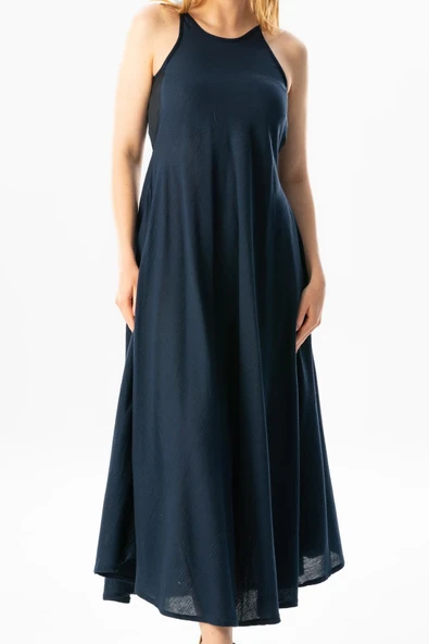 Askılı Şile Bezi Sima Uzun Yazlık Elbise Lacivert Lcvt L Lacivert - Resim 3