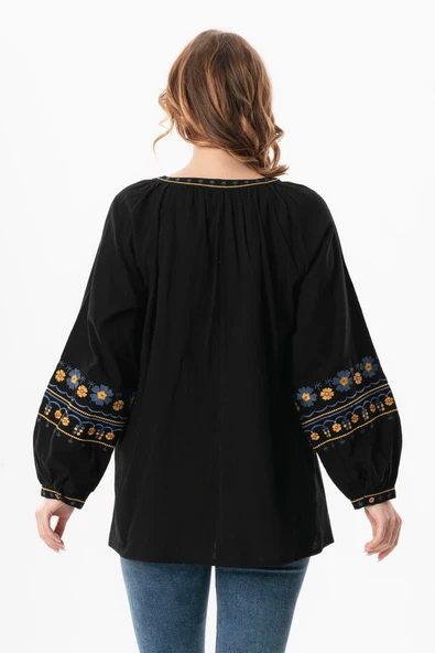 Uzun Kol Şile Bezi Gülruh V Yaka Nakışlı Bluz Siyah Syh 2XL-3XL Siyah - Resim 2