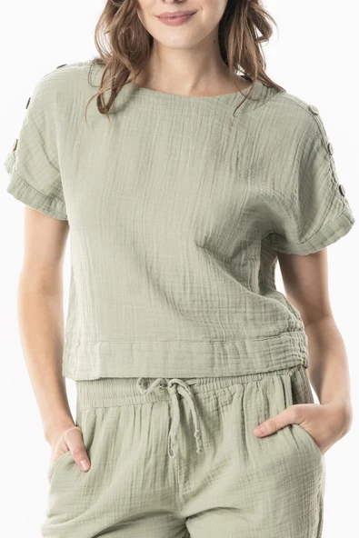 Kısa Kol İzel Yazlık Müslin Bluz Zeytin Yeşili Zytnysl L Zeytin Yeşili - Resim 3