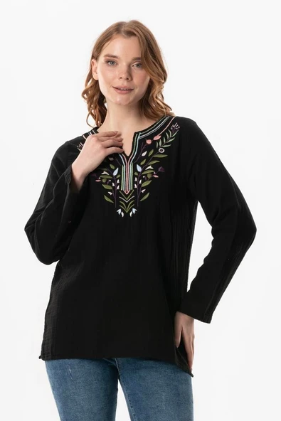 Uzun Kol Çiçek V Yaka Nakışlı Müslin Yazlık Bluz Siyah Syh 2XL-3XL Siyah