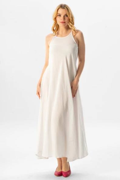 Askılı Şile Bezi Sima Uzun Yazlık Elbise Beyaz Byz S Beyaz ürün görseli