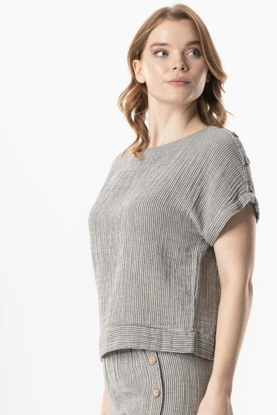 Kısa Kol Serap Bisiklet Yaka Müslin Yazlık Bluz Siyah/Beyaz Syh/Byz 2XL-3XL Siyah/Beyaz - Resim 3