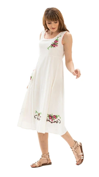 Kolsuz Şile Bezi Burçak Midi Boy Yazlık Elbise Krem Krm XL Krem - Resim 7