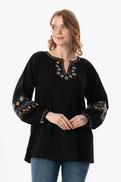 Uzun Kol Şile Bezi Gülruh V Yaka Nakışlı Bluz Siyah Syh 2XL-3XL Siyah ürün görseli
