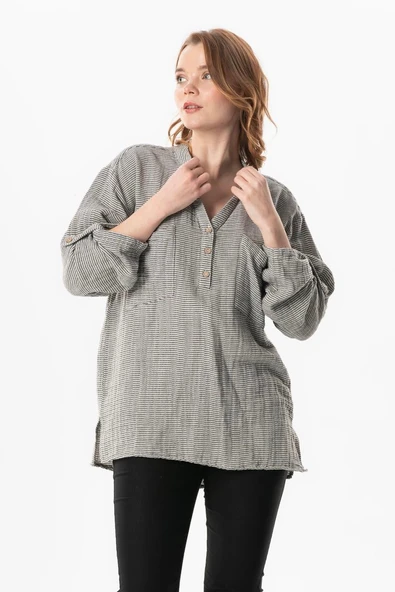 Uzun Kol Asu Yazlık Müslin Bluz Çizgili Çzgl L/XL Çizgili - Resim 3