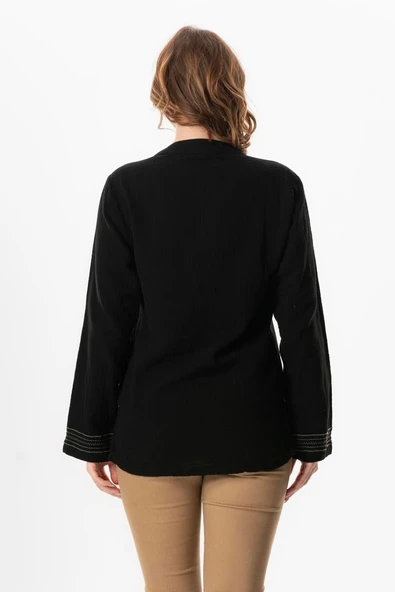 Uzun Kol İbiza Nakışlı Kadın Müslin Yazlık Tshirt Siyah Syh 2XL Siyah - Resim 2