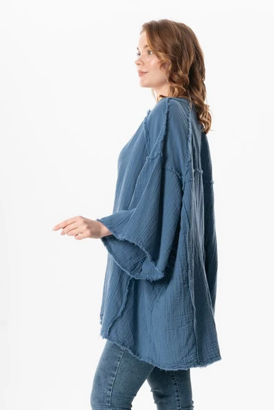 Yarım Kol Nadya V Yaka Müslin Yazlık Bluz İndigo indg - Resim 4