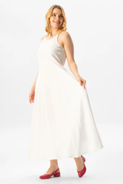 Askılı Şile Bezi Sima Uzun Yazlık Elbise Beyaz Byz L Beyaz - Resim 4