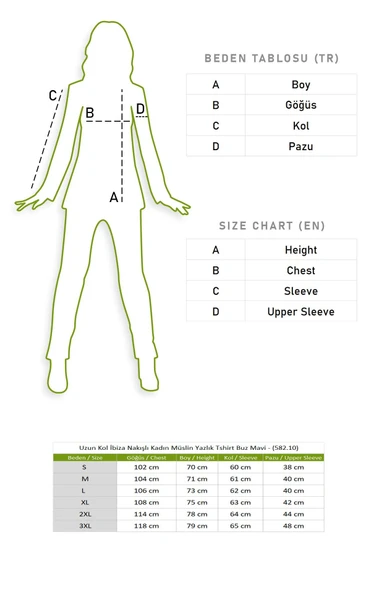 Uzun Kol İbiza Nakışlı Kadın Müslin Yazlık Tshirt Buz Mavi Bmv S Buz Mavi - Resim 6