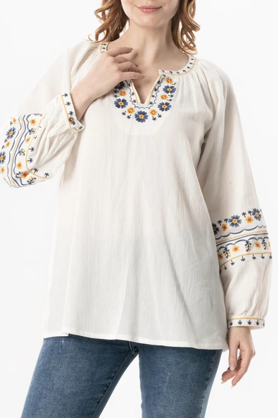 Uzun Kol Şile Bezi Gülruh V Yaka Nakışlı Bluz Krem Krm L/XL Krem - Resim 3