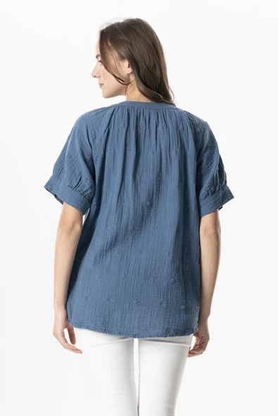 Kısa Kol V Yaka Venüs Düğmeli Müslin Yazlık Bluz İndigo indg 2XL-3XL İndigo - Resim 2