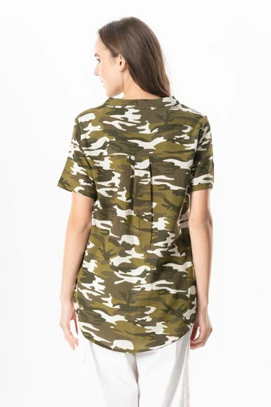 Kısa Kol Şile Bezi Seda V Yaka Kamuflaj Yazlık Bluz Yeşil Ysl 3XL Yeşil - Resim 2