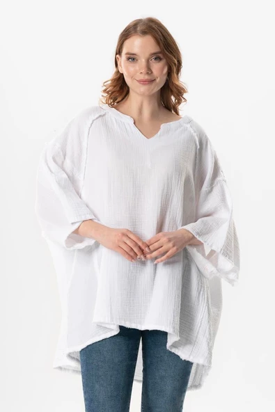 Yarım Kol Nadya V Yaka Müslin Yazlık Bluz Beyaz Byz ürün görseli
