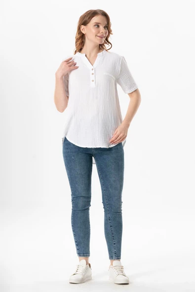 Kısa Kol Gülgün V Yaka Müslin Yazlık Bluz Beyaz Byz L/XL Beyaz - Resim 6