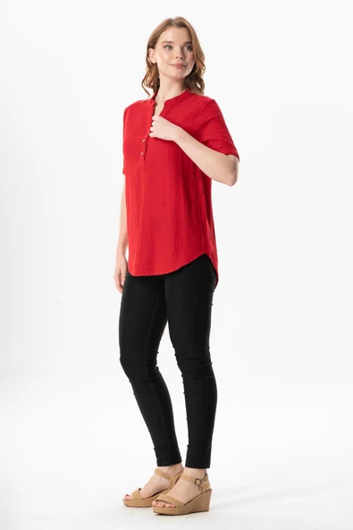 Kısa Kol Gülgün V Yaka Müslin Yazlık Bluz Kırmızı Krmz 2XL-3XL Kırmızı - Resim 5