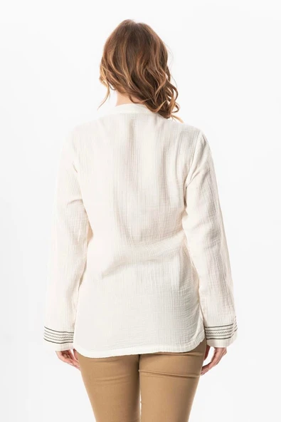 Uzun Kol İbiza Nakışlı Kadın Müslin Yazlık Tshirt Kırık Beyaz KrkByz XL Kırık Beyaz - Resim 2