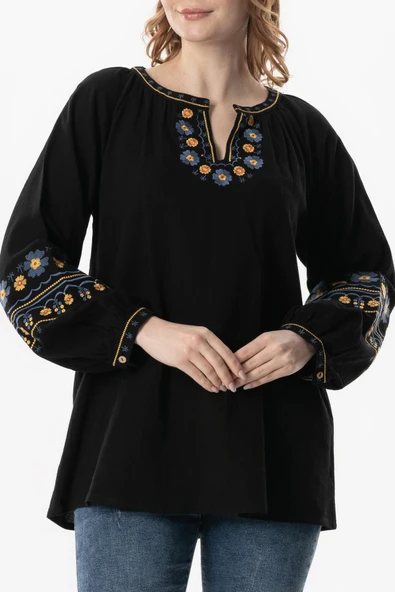 Uzun Kol Şile Bezi Gülruh V Yaka Nakışlı Bluz Siyah Syh 2XL-3XL Siyah - Resim 3