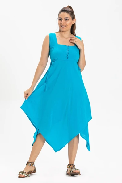 Kolsuz Şile Bezi Üçgen Katlı Midi Boy Yazlık Elbise Turkuaz Trkz L Turkuaz ürün görseli