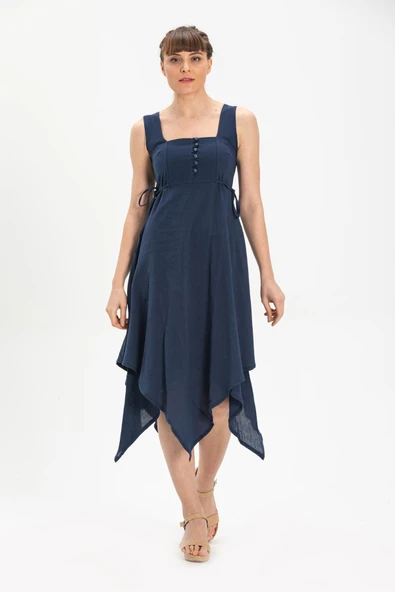 Kolsuz Şile Bezi Üçgen Katlı Midi Boy Yazlık Elbise Lacivert Lcvt M Lacivert ürün görseli