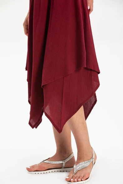 Kolsuz Şile Bezi Üçgen Katlı Midi Boy Yazlık Elbise Bordo Brd L Bordo - Resim 4