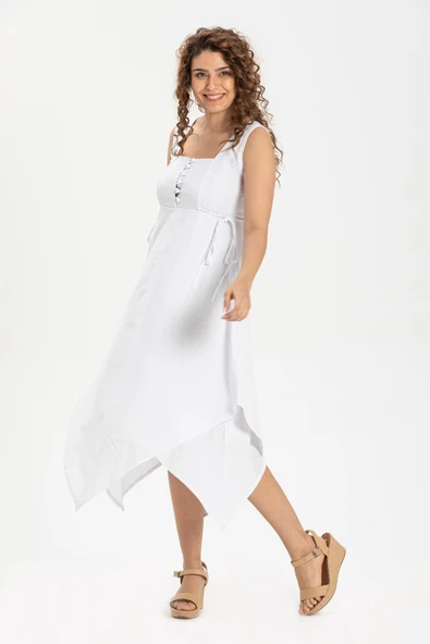 Kolsuz Şile Bezi Üçgen Katlı Midi Boy Yazlık Elbise Beyaz Byz XL Beyaz - Resim 4