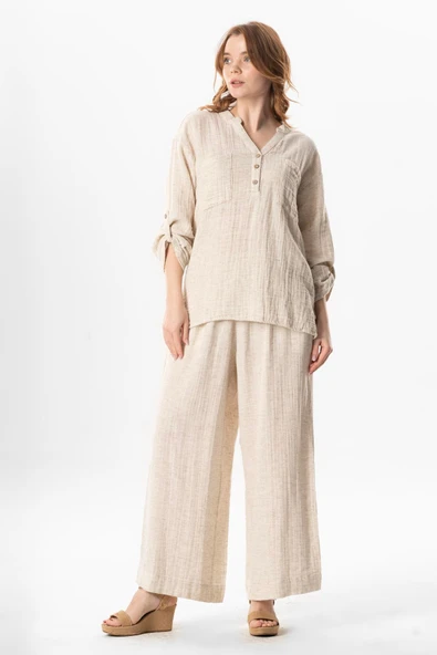 Uzun Kol Ezgi V Yaka Katlanabilir Kol Müslin Yazlık Bluz Krem Krm 2XL-3XL Krem - Resim 5