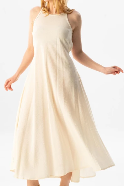 Askılı Şile Bezi Sima Uzun Yazlık Elbise Krem Krm L Krem - Resim 3