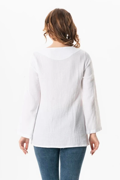 Uzun Kol Çiçek V Yaka Nakışlı Müslin Yazlık Bluz Beyaz Byz L/XL Beyaz - Resim 2