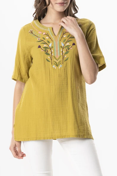 Kısa Kol Çiçek V Yaka Nakışlı Müslin Yazlık Bluz Yağ Yeşili Ygysl 4XL/5XL Yağ Yeşili - 3