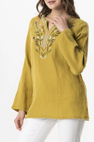 Uzun Kol Çiçek V Yaka Nakışlı Müslin Yazlık Bluz Yağ Yeşili Ygysl 2XL-3XL Yağ Yeşili - 3