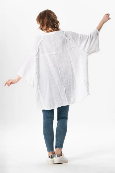 Yarım Kol Nadya V Yaka Müslin Yazlık Bluz Beyaz Byz - Resim 2