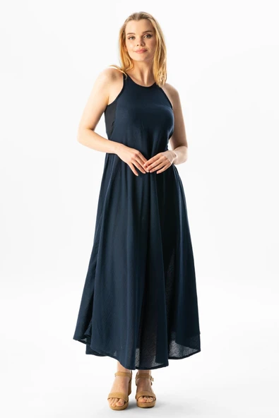 Askılı Şile Bezi Sima Uzun Yazlık Elbise Lacivert Lcvt S Lacivert - Resim 5