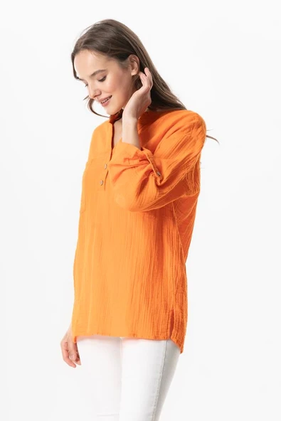 Uzun Kol Asu Yazlık Müslin Bluz Turuncu Trnc L/XL Turuncu - Resim 3