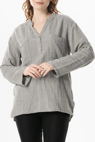 Uzun Kol Asu Yazlık Müslin Bluz Çizgili Çzgl L/XL Çizgili - Resim 5