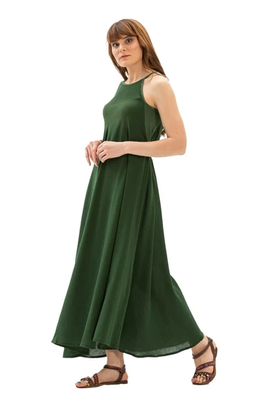 Askılı Şile Bezi Sima Uzun Yazlık Elbise Yeşil Ysl M Yeşil - Resim 7