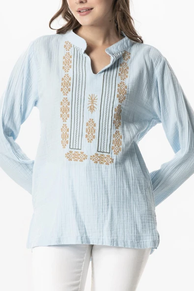 Uzun Kol İbiza Nakışlı Kadın Müslin Yazlık Tshirt Buz Mavi Bmv 3XL Buz Mavi - Resim 3