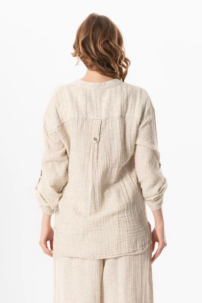 Uzun Kol Ezgi V Yaka Katlanabilir Kol Müslin Yazlık Bluz Krem Krm 2XL-3XL Krem - Resim 2