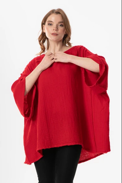Yarım Kol Nadya V Yaka Müslin Yazlık Bluz Kırmızı Krmz ürün görseli