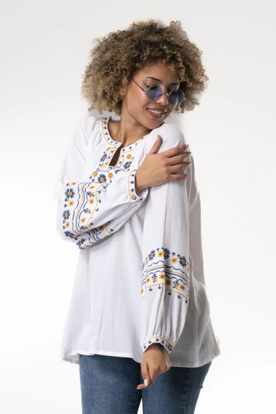 Uzun Kol Şile Bezi Gülruh V Yaka Nakışlı Bluz Beyaz Byz S/M Beyaz - Resim 2