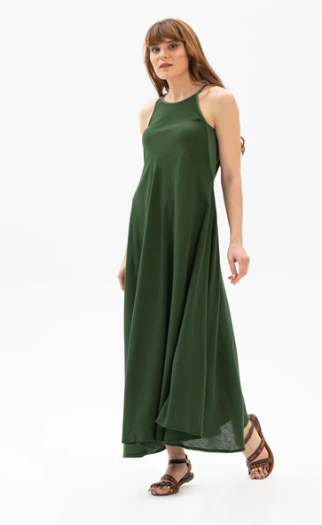 Askılı Şile Bezi Sima Uzun Yazlık Elbise Yeşil Ysl M Yeşil - Resim 3