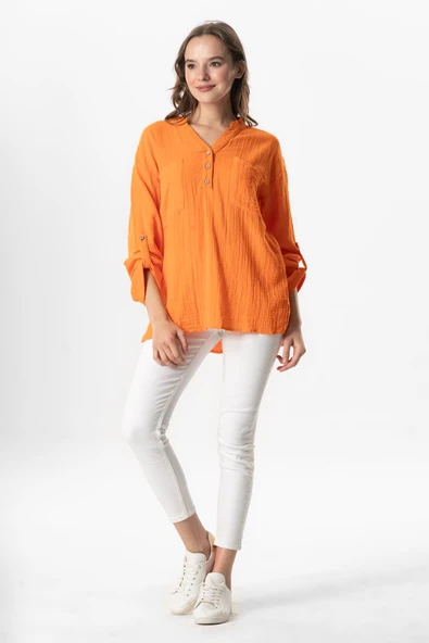Uzun Kol Asu Yazlık Müslin Bluz Turuncu Trnc L/XL Turuncu - Resim 6