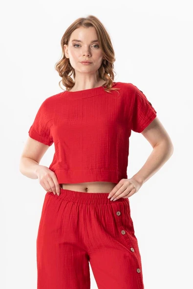 Kısa Kol İzel Yazlık Müslin Bluz Kırmızı Krmz XL Kırmızı ürün görseli