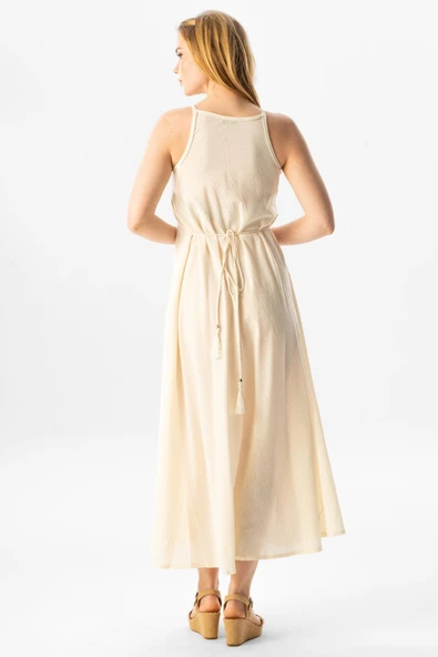 Askılı Şile Bezi Sima Uzun Yazlık Elbise Krem Krm S Krem - Resim 2