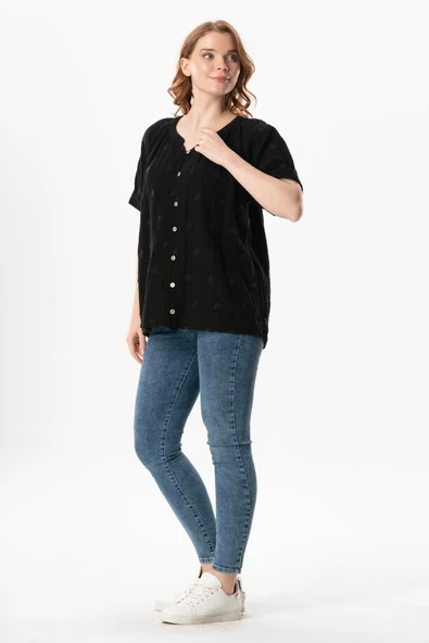 Kısa Kol V Yaka Venüs Düğmeli Müslin Yazlık Bluz Siyah Syh 4XL/5XL Siyah - Resim 5