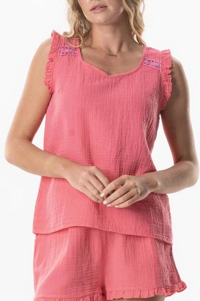 Kolsuz Fırfır Detaylı Duru Oval Yaka Müslin Yazlık Bluz Pembe Pmb XS Pembe - Resim 3